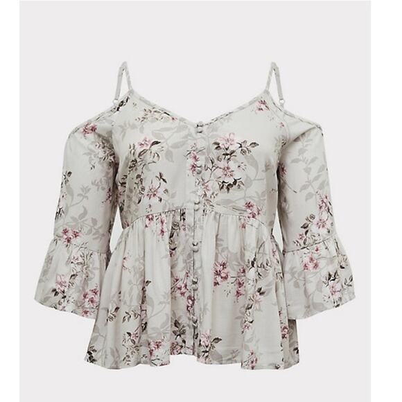 Torrid 5X‎ Ivory Floral Cold Shoulder Babydoll Top Textured Rayon Plus Size - Picture 2 of 16